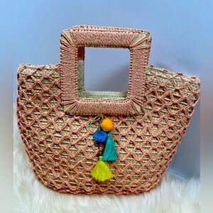 A New Day Straw Tote Woven Pink Raffia &  Cream Straw Square Top Handles& Tassle